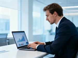 Mężczyzna przy biurku analizuje wykresy finansowe na tablecie, planując budżet i obliczając wynagrodzenie.