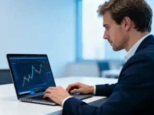 Mężczyzna przy biurku analizujący wykresy finansowe na tablecie, symbolizujący planowanie budżetu i obliczanie wynagrodzenia.