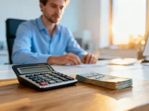 Mężczyzna przy biurku z telefonem i tabletem, na których widoczne są wykresy finansowe oraz aplikacja kalkulatora.