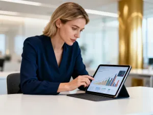 Mężczyzna przy biurku analizuje wykresy finansowe na laptopie, planując budżet domowy.