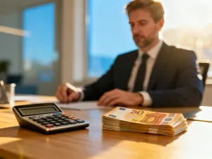 Biurko z kalkulatorem i notatnikiem z wykresami finansowymi, symbolizujące planowanie budżetu i obliczanie wynagrodzenia.