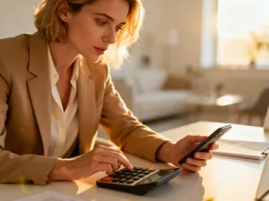 Kobieta w nowoczesnym biurze analizuje wykresy finansowe na tablecie, planując domowy budżet.