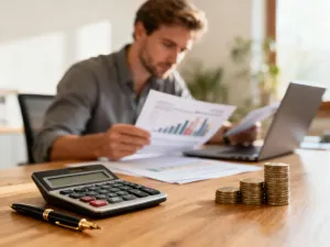Kobieta w biurze analizująca dokumenty finansowe i kalkulator, obrazująca obliczenia wynagrodzenia netto.
