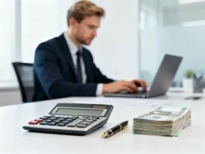 Mężczyzna przy biurku oblicza wynagrodzenie na tablecie, korzystając z kalkulatora w nowoczesnym domowym biurze.