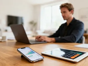 Mężczyzna skupiony na analizie wykresów finansowych i arkuszy kalkulacyjnych na laptopie w nowoczesnym biurze.